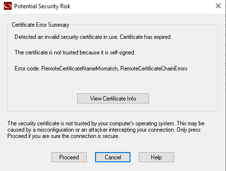 ION Setup Pop up window "Potential Security Risk: Certificate Error Summary"