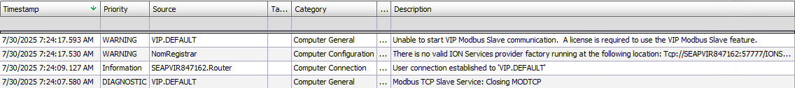 Unable to start VIP Modbus Slave communication error