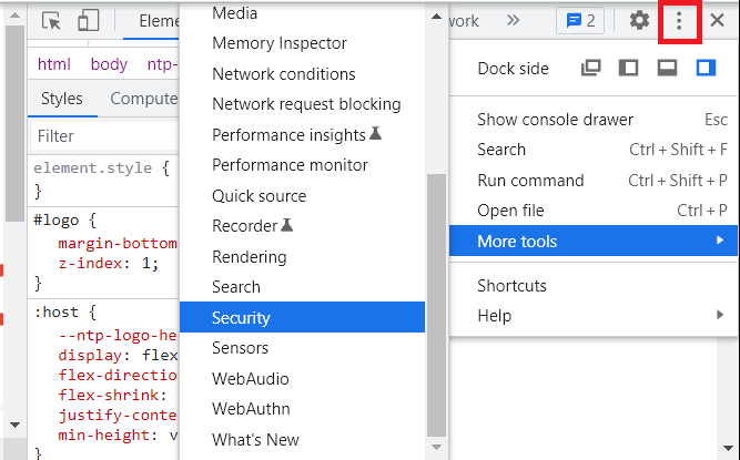 Security menu in developer tools