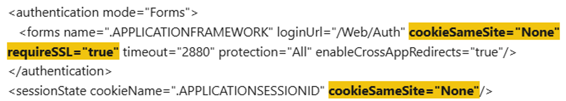 Delete cookieSameSite="None" requireSSL="true"