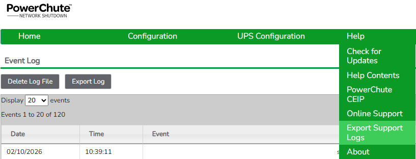 PCNS export logs page