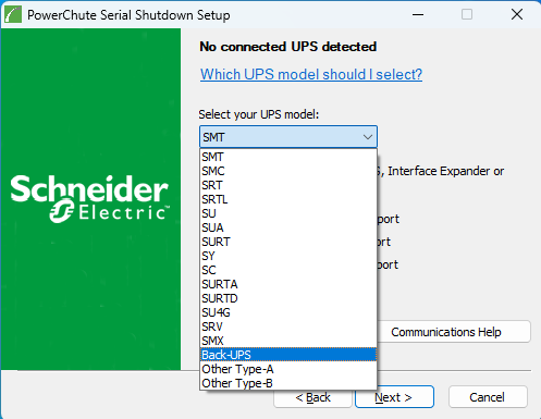 Select Back-UPS from dropdown list