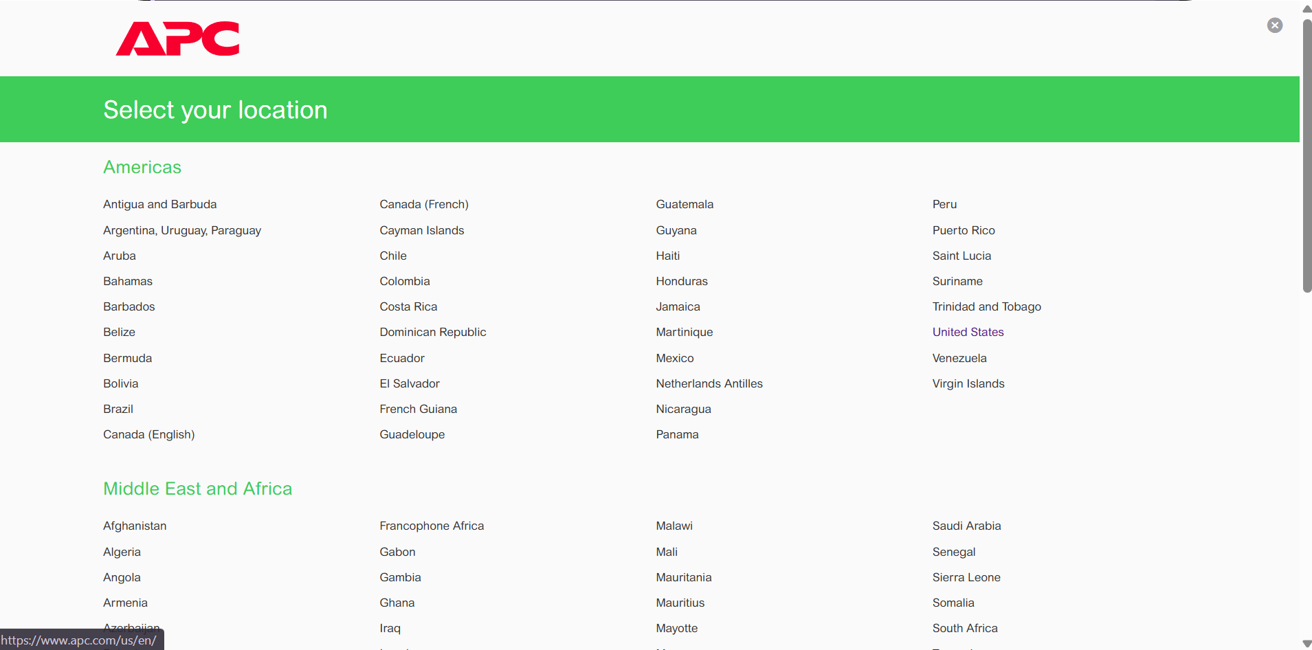 This image shows how to select Country from Select your location menu to obtain information for customer support in your region. 