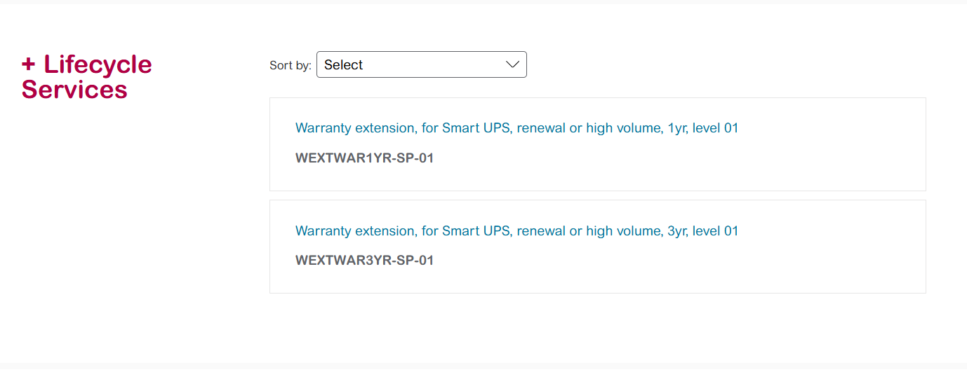 This is image shows available SKUS for extended warranty options