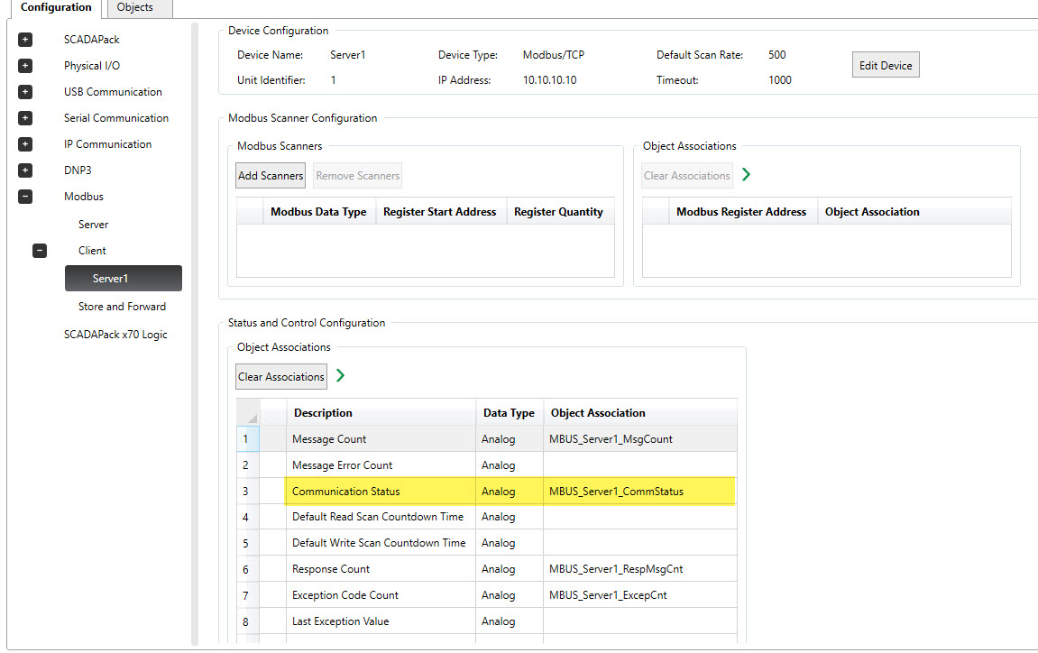Modbus Scanner Communication Status Object