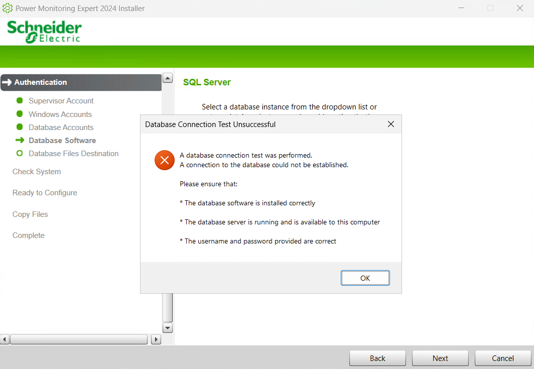 Screenshot image of the Database Connection Test Unsuccessful error occurring during a Power Monitoring Expert install