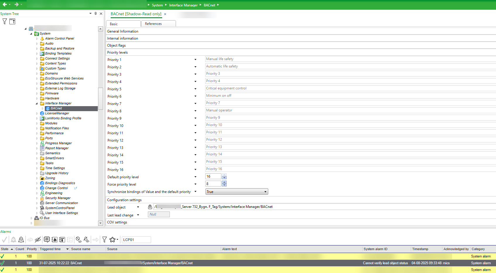 Cannot verify lead object status BACnet