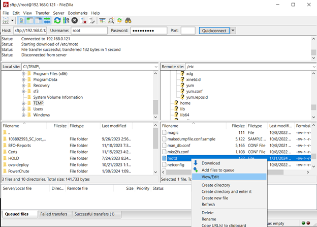 screenshot of the etc directory