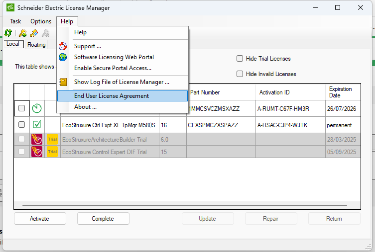 Control Expert License Manager Help- End User License Agreement