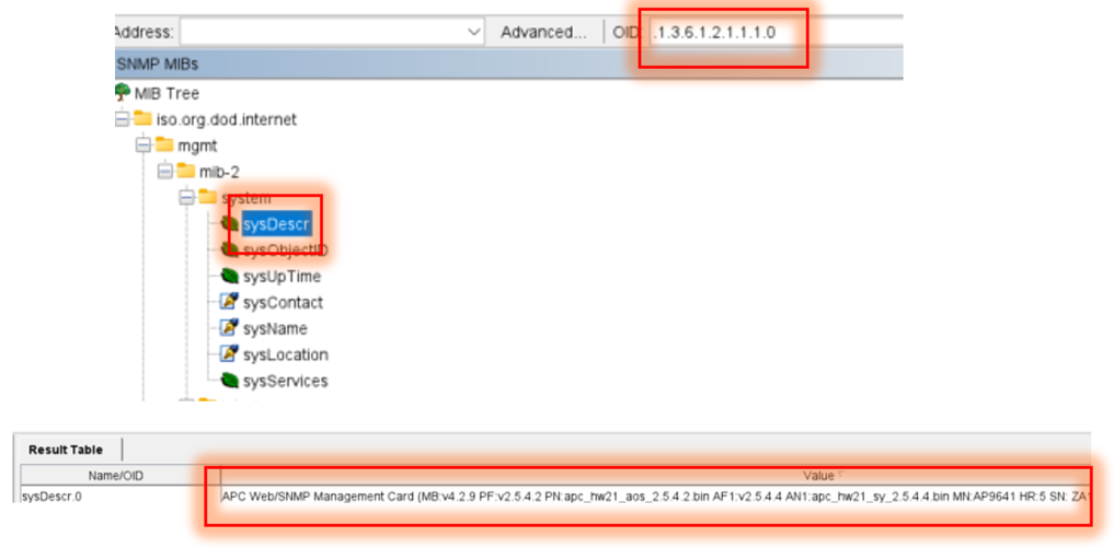 The following image shows a screen shot from an SNMP browser using the object name sysDescr OID