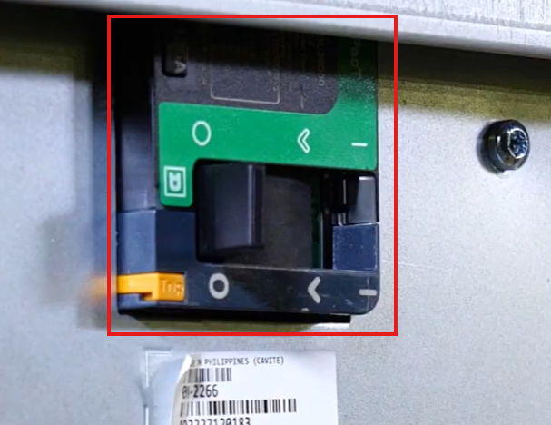 The following image shows the MAINTENANCE BYPASS SWITCH/BREAKER of a Smart UPS Modular Ultra UPS