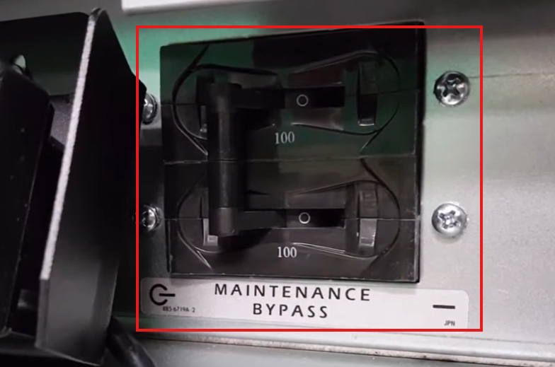 The following image shows the MAINTENANCE BYPASS SWITCH of a Symmetra LX
