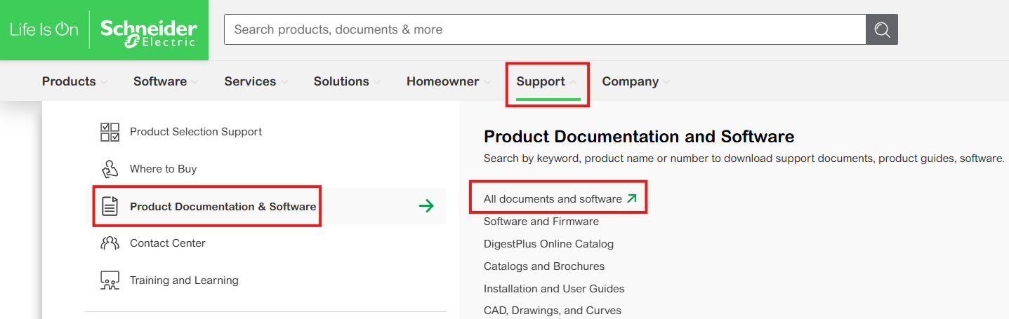 The following image shows the menu to access to find the documents for Modbus