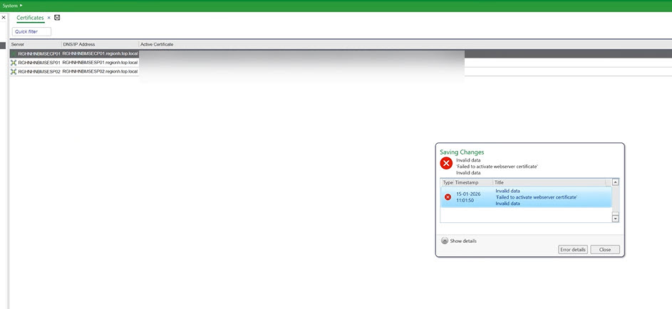 Failed to activate webserver certificate