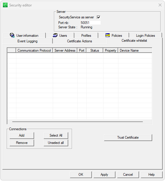 Security Editor > Certificate whitelist tab