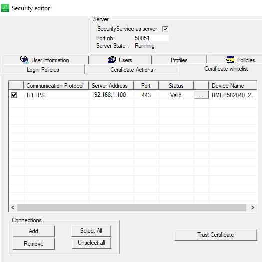Security Editor > pestaña de lista blanca de certificados que muestra un PLC conectado en la lista
