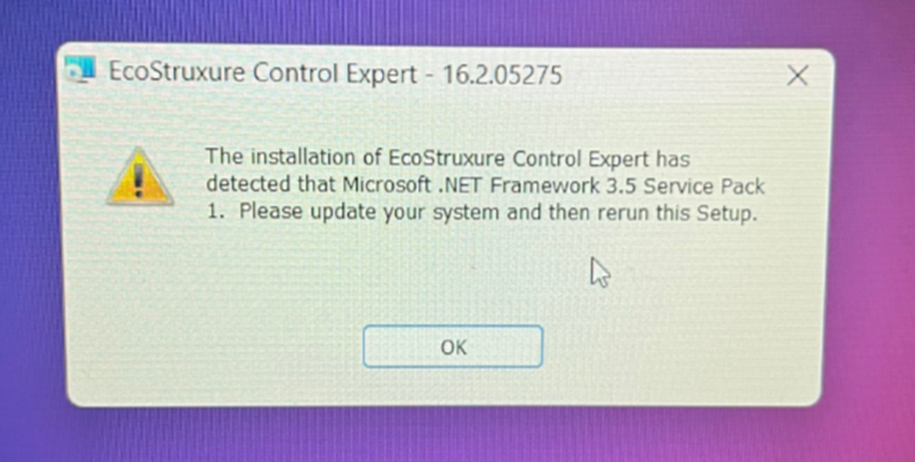 control expert 16.2 .net framework 3.5 error