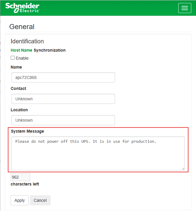 A screenshot of a NMC web interface displaying the General-Identification-System Message field containing the message.