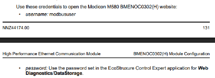 BMENOC0302 credentials from installation guide to be changed