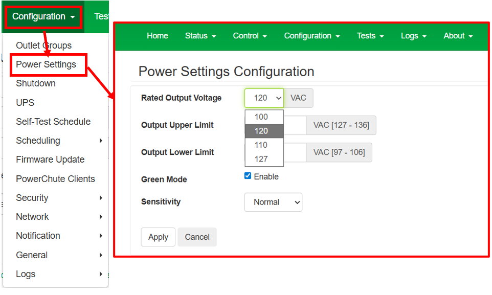 Picture of the web GUI showing the Power Settings