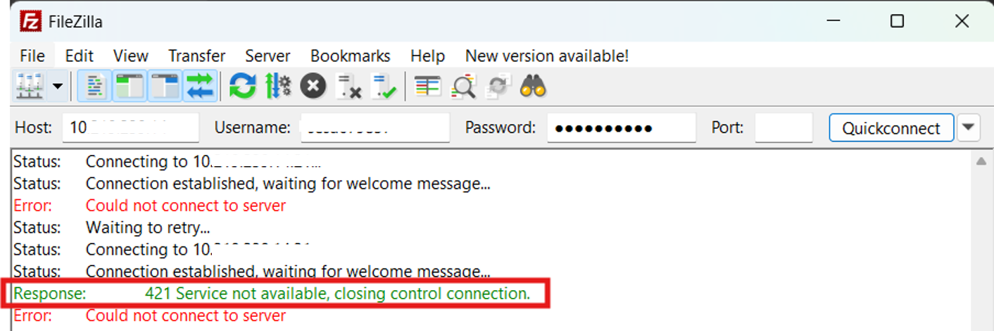 This image shows an FTP session being accessed through the FileZilla, resulting in a 421 Service Not Available, Closing Control Connection error.