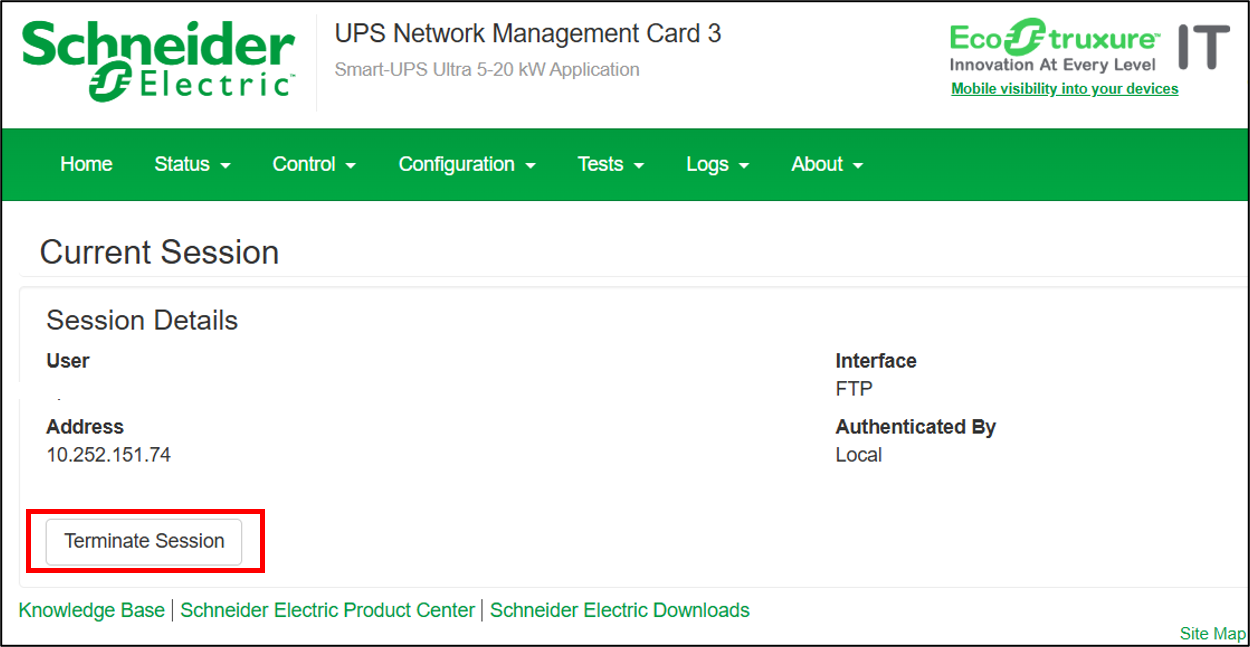 This image shows terminating session of FTP in NMC web GUI