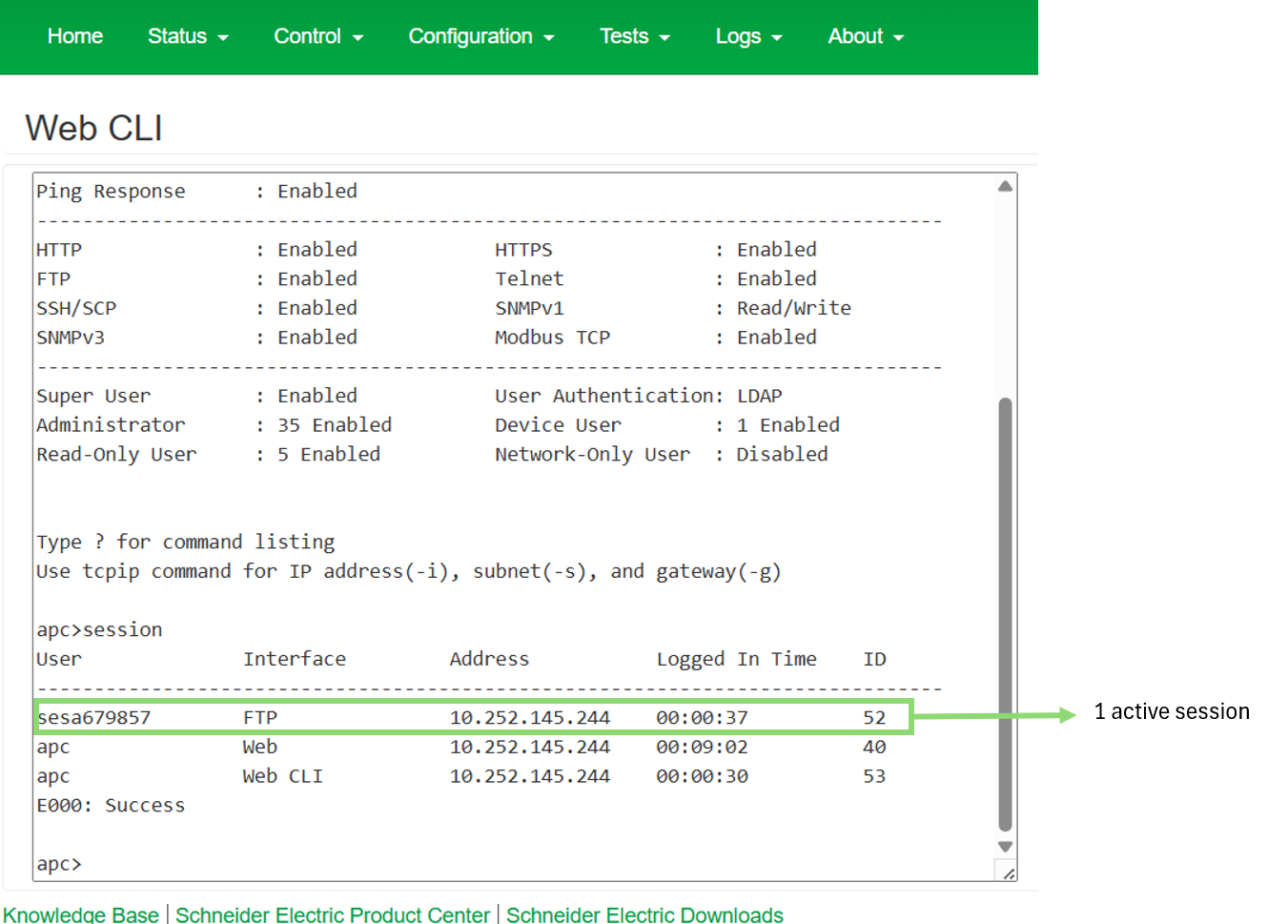 This image shows active sessions in NMC Web CLI
