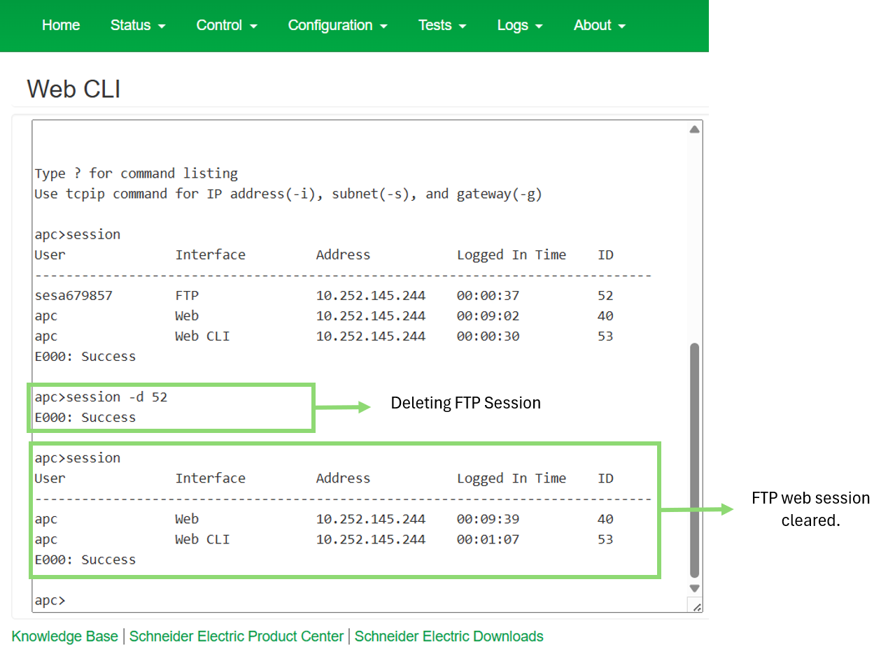 This image shows deleting FTP session in NMC Web CLI