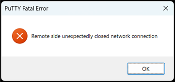 The image shows a fatal error when attempting to establish an SSH via Putty emulation