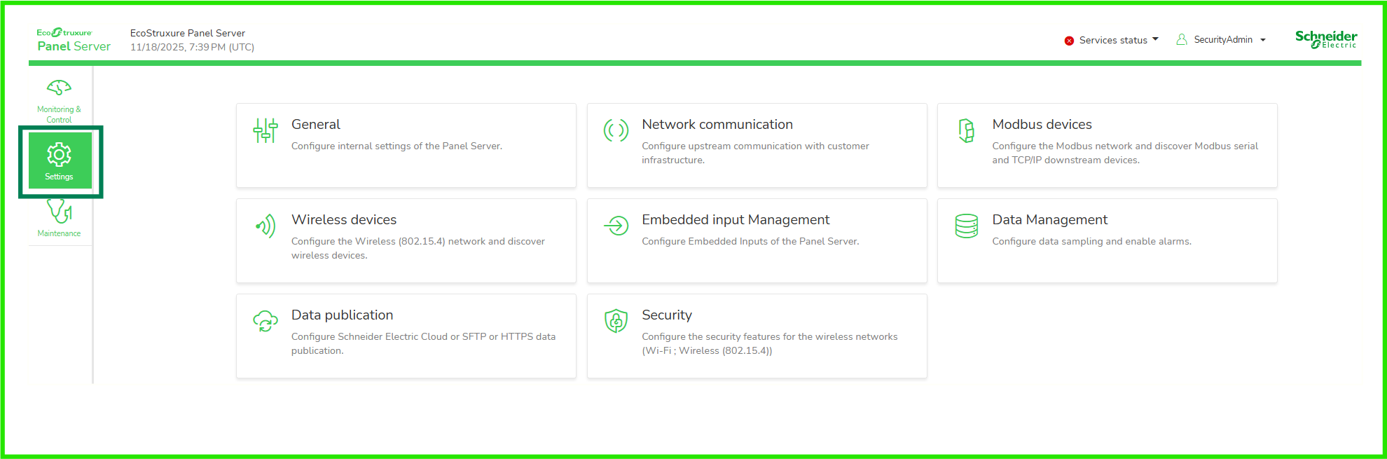 Settings page
