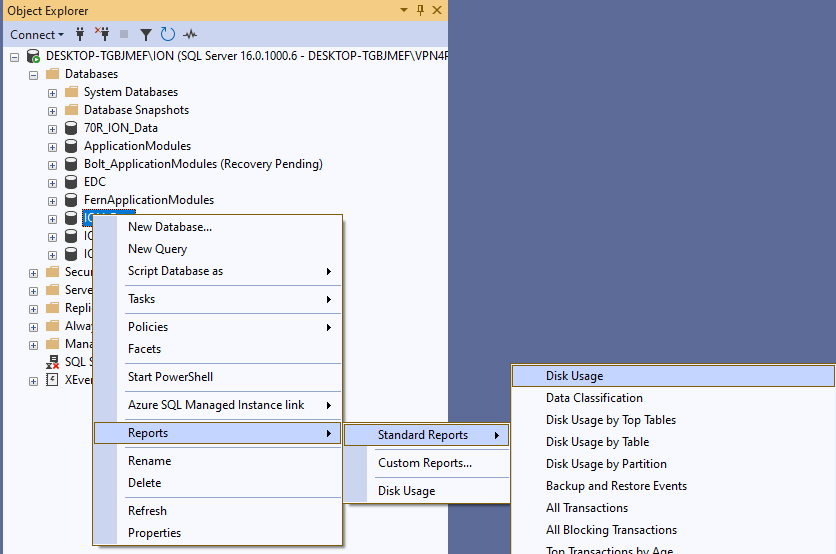 SSMS disk usage report