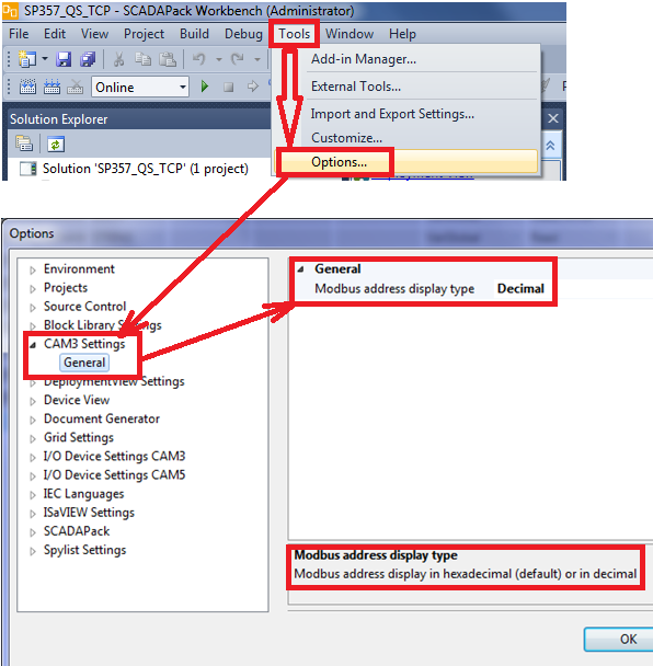 SCADAPack Workbench: Tools > Options... > CAM3 Settings > General