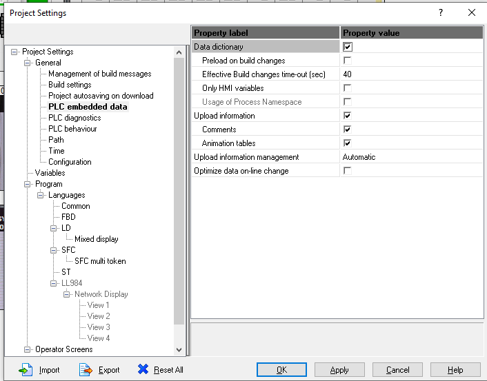 Control Expert Project Settings to share data with OPC