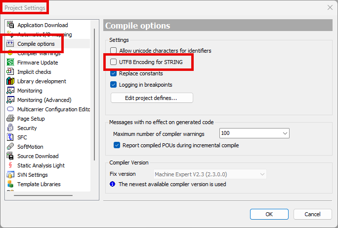 Project settings compile options UTF8
