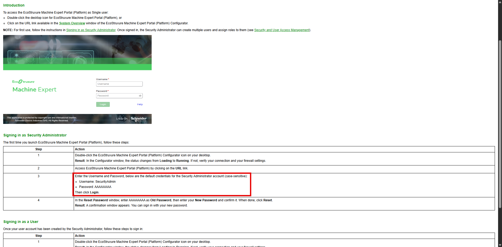 Default login to esme portal v25