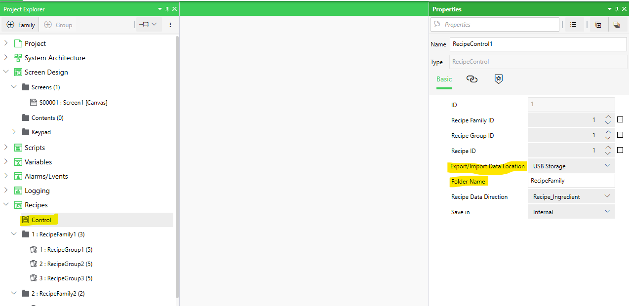 Recipe Control setup for export/import to USB.