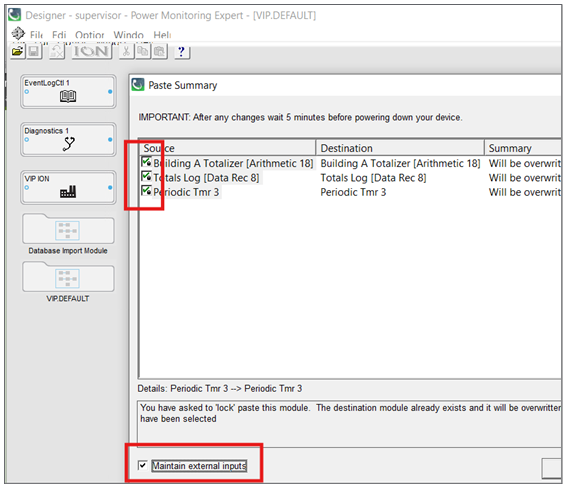 Green checkbox with lock symbol for all modules, Maintain external inputs checked