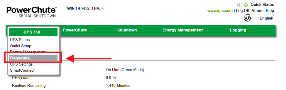 Screenshot showing where to locate the Diagnostics page.