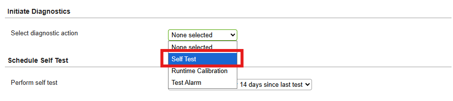 Screenshot showing how to select Self Test from diagnostic action dropdown menu.