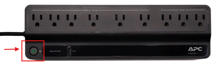 Front view of an APC Back‑UPS BVN900M1 with a red box and arrow highlighting the power button.