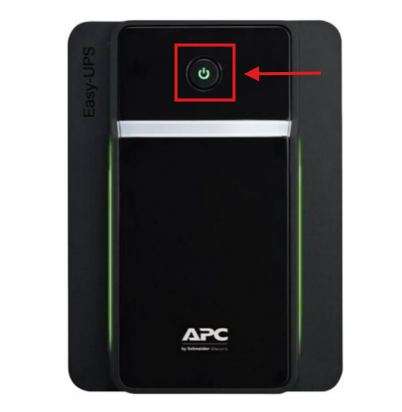Front panel of APC Easy UPS BX 700VA, 1000VA, 1400VA, 1500VA. Highlighting the ON/OFF button.