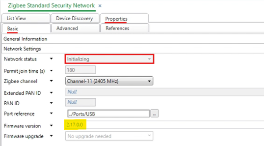 Captura de Tela da aba de propriedades onde se verifica a versão de firmware do Dongle Zigbee