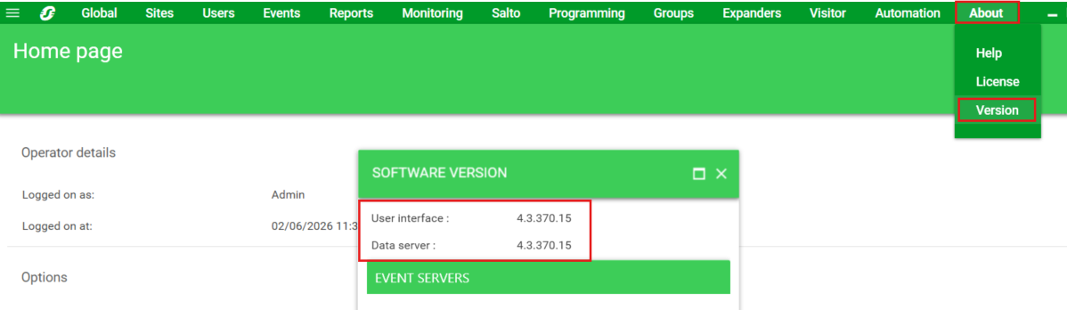 Acesse o Client e navegue aé a aba About > Version