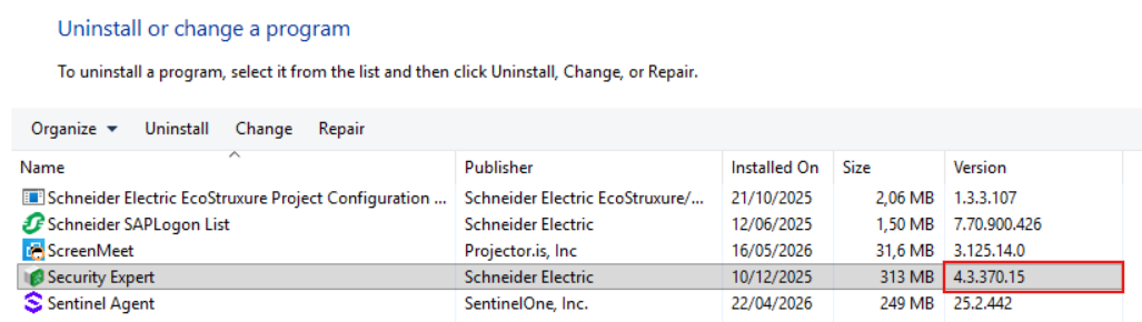 Visualização da versão do Security Expert na aba "Program and Features" do Windows