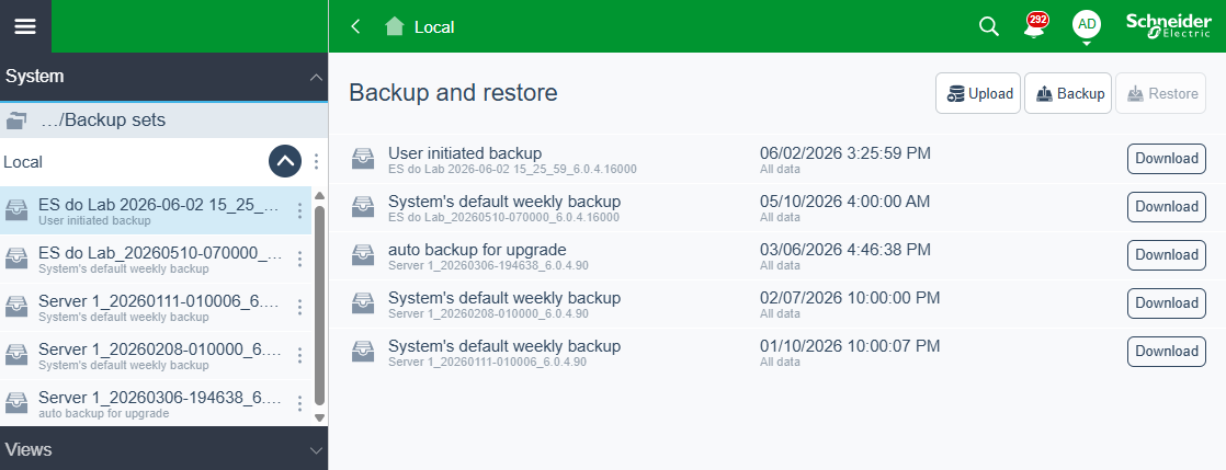Visão dos backups na WebStation
