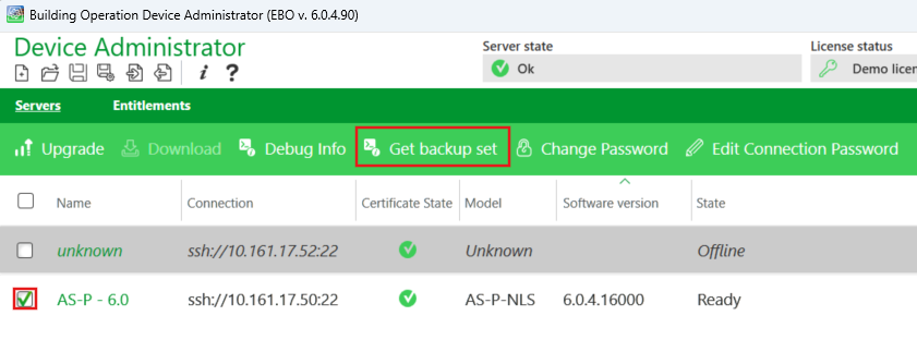 Get Backup Set através do Device Administrator