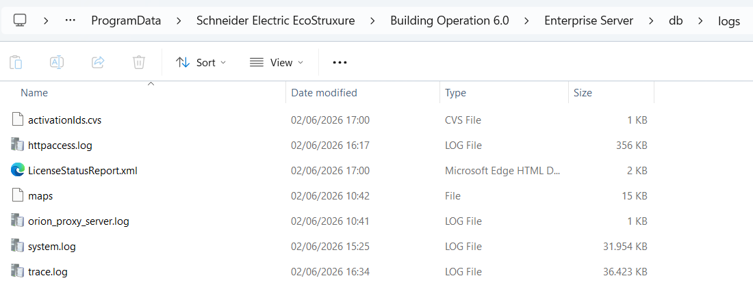 Pastas de log no explorador de arquivos do Windows