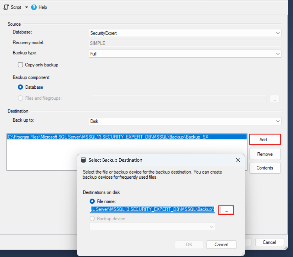 Seleção de destino de backup do Microsoft SQL Server