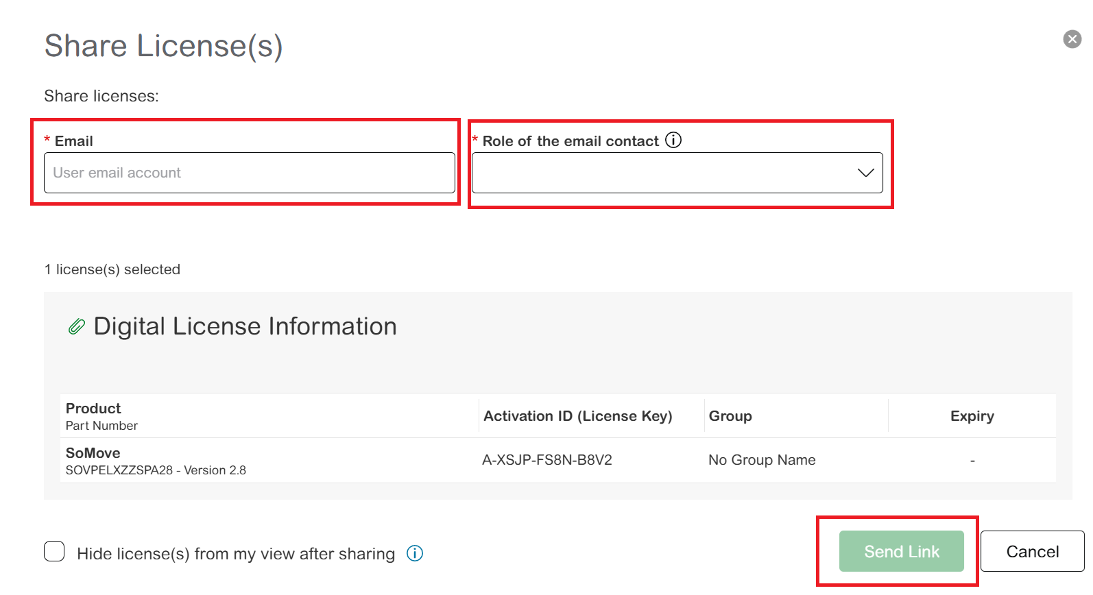 Fields to fill out when sharing a license
